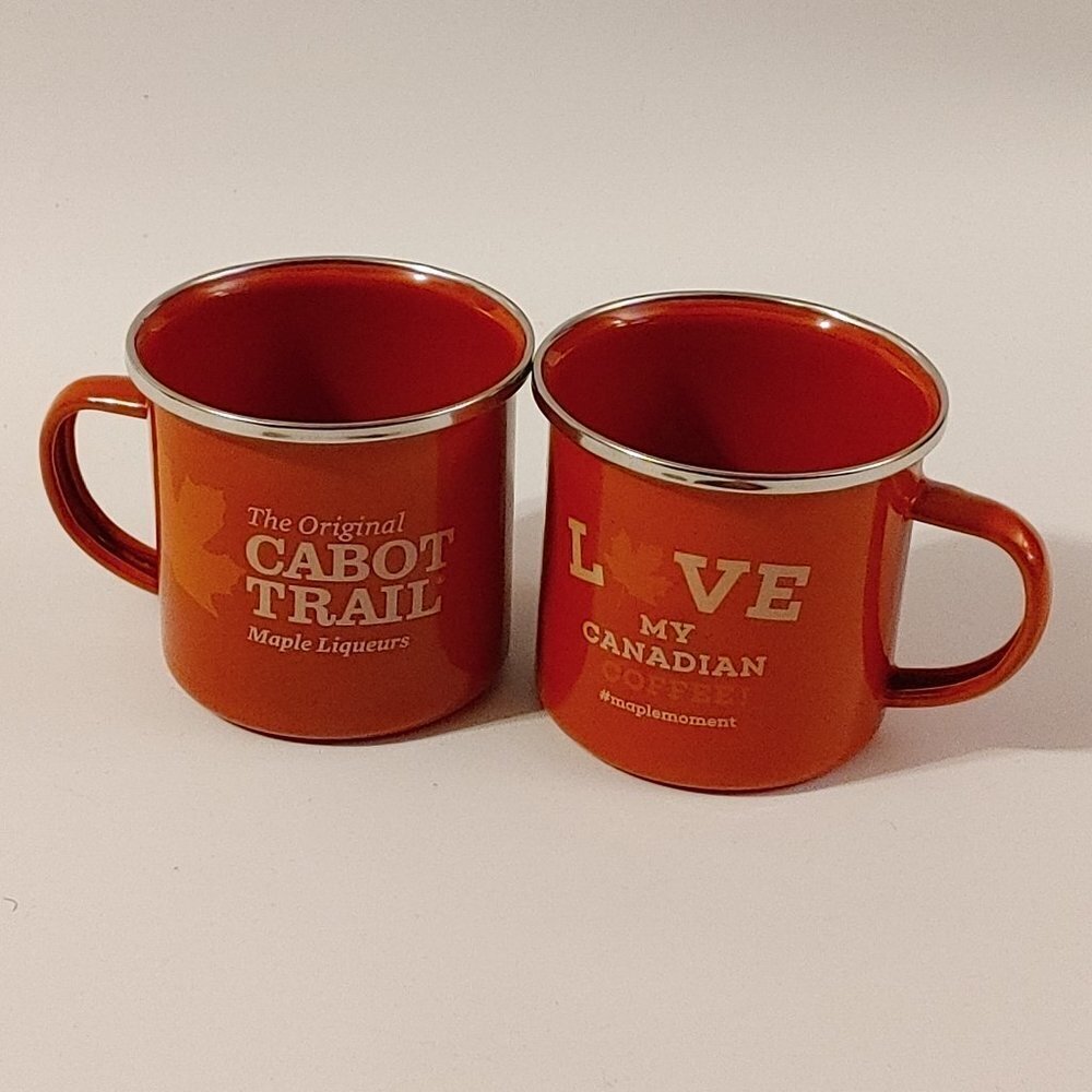 CUTE Cabot Trail Maple Liqueurs Canadian Coffee Red Tin Cup Mug CAMP MUG PAIR